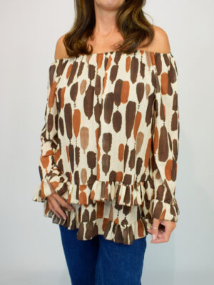 Brown Or Blue Retro Print Frill Layered Hem Blouse