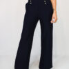 Navy High Waisted Button Front Stretch Cotton Mix Trousers In Various Sizes