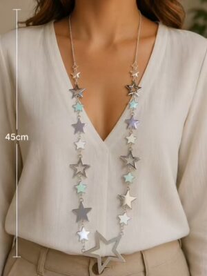 Silver Stars With Iridescent Detail Long Necklace