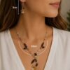 Mixed Browns Leafy Diamante Short Necklace And Earring Set