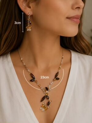 Mixed Browns Leafy Diamante Short Necklace And Earring Set