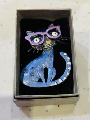 Blue Diamante Floral Cat With Glasses Magnetic Broach
