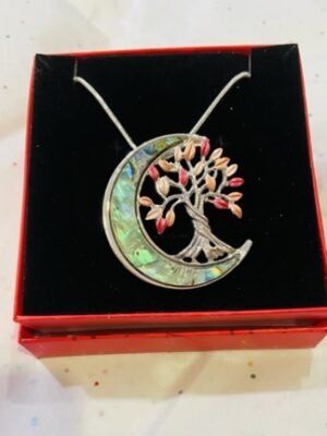 Grey Or Pink Tree In A Paua Shell Moon Short Necklace