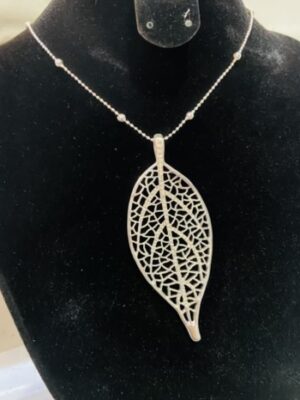 Silver Diamante Lace Leaf Detail Long Necklace