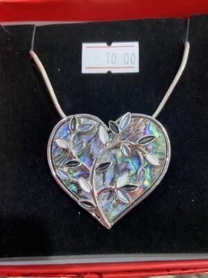Paua Shell Heart Background With Silver Leaf Detail Short Necklace