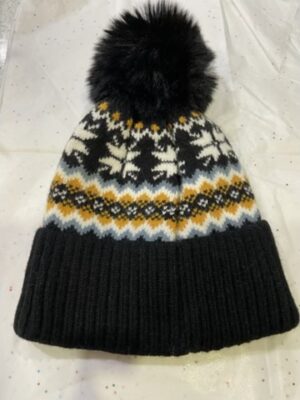 Black Nordic Print Pom Pom Hat