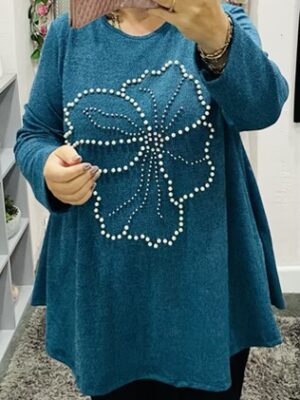 Teal Or Purple Pearl And Silver Bead Floral Detail Oversized Jumper