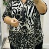 Grey Animal Print Diamante Zip Detail Top