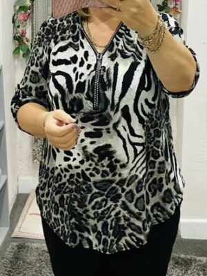 Grey Animal Print Diamante Zip Detail Top