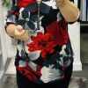 Red/Grey Floral Print Diamante Zip Detail Top