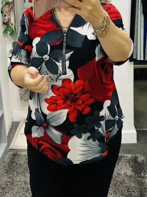 Red/Grey Floral Print Diamante Zip Detail Top
