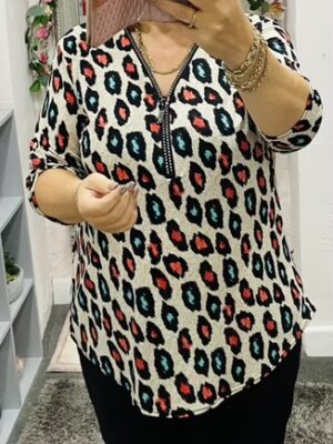 Multi Leopard Print Diamante Zip Detail Top
