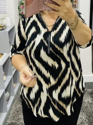 Black/Cream Abstract Print Diamante Zip Detail Top