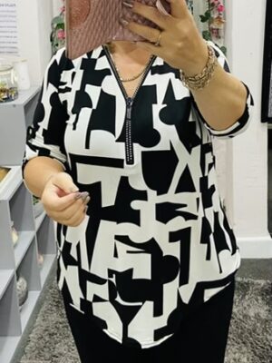 Black/White Retro Print Diamante Zip Detail Top