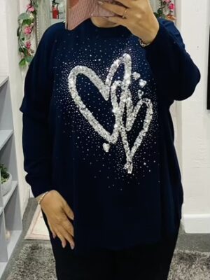 Navy, Grey, Or Wine Sequin Double Heart Oversized Jumper
