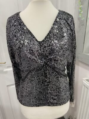 Silver/Black Sequin Low Cut Twisted Top