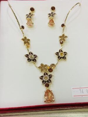 Mixed Brown Diamante Floral Short Necklace And Earring Set