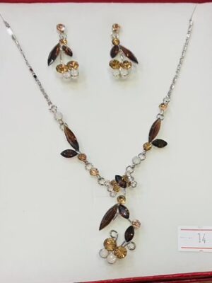 Mixed Browns Leafy Diamante Short Necklace And Earring Set