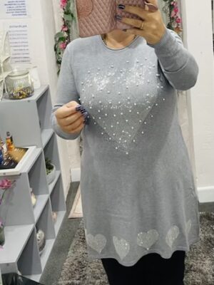 Grey Or Pink Large Diamante Heart With Pearl Detail Long Jumper With Diamante Heart Trim