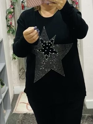 Black, Navy, Or Winter White Diamante And Pearl Embellished Large Star Detail Jumper