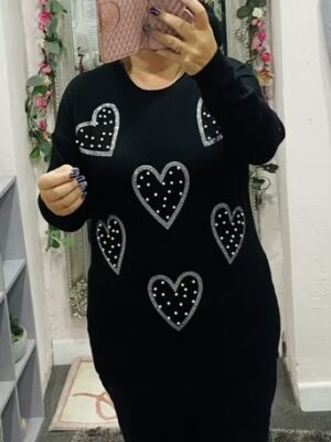 Black Pearl And Diamante Embellished Hearts Jumper
