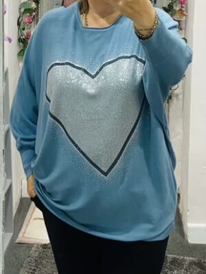 Oversized Pale Blue Batwing Jumper With Large Diamante Heart Detail