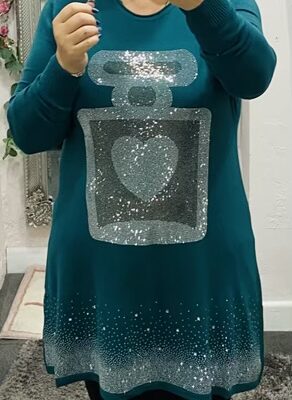 Teal Or Winter White Large Diamante Perfume Bottle Detail Long Jumper With Diamante Trim