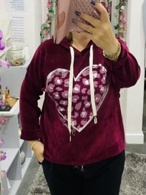 Wine, Animal Heart Print With Diamante Embellishment Hooded Top