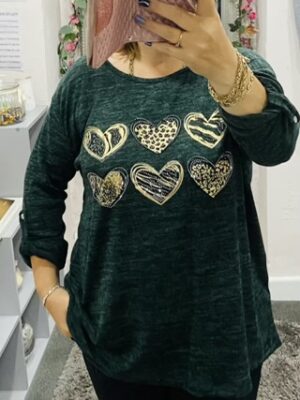 Green, Wine, Blue, Or Beige Diamante Animal Foil Heart Print Top