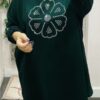 Green, Black, Or Beige Large Diamante Flower Long Top