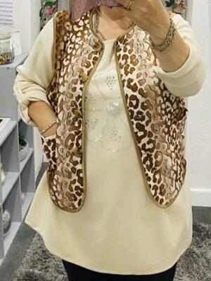 Light Brown Animal Print Quilted Lightweight Gilet