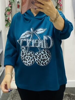 Teal, Beige, Or Black Diamante Cherries Hooded Top