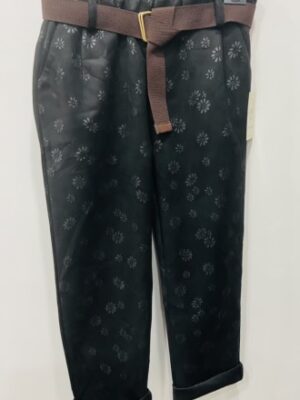 Black, Chocolate Brown, Tan, Or Beige Daisy Print Suedette Belted Trousers