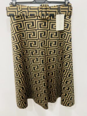 Brown/Black Greek Key Print Belted Skirt