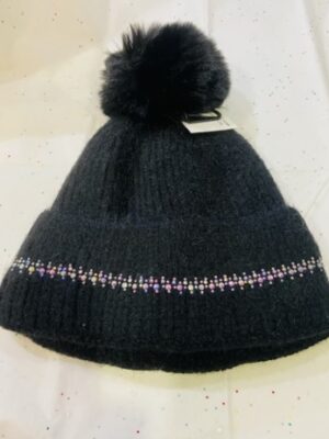 Black, Beige, Or Grey Diamante Embellished Front Trim Pom Pom Hat