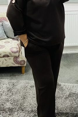 Dark Brown 3 Gold Button Detail Lounge Trousers
