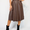 Chocolate Brown, Black, Or Tan PU Belted Midi Skirt