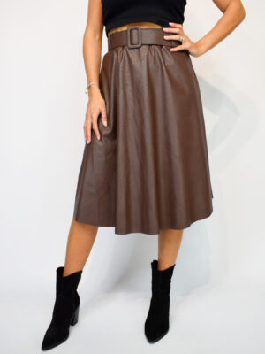 Chocolate Brown, Black, Or Tan PU Belted Midi Skirt