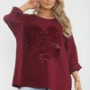 Wine Or Black Sequin Zipped Heart Sweatshirt