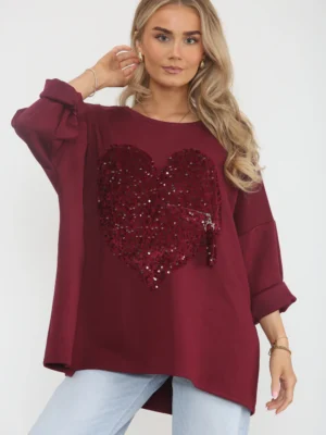 Wine Or Black Sequin Zipped Heart Sweatshirt