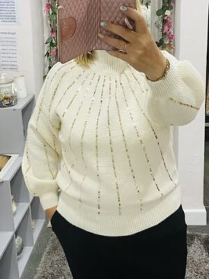 Ivory Gold Sequin Striped Soft Knit Jumper