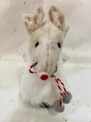 Small Mouse In White Fur Cape With Red Stripe Detail