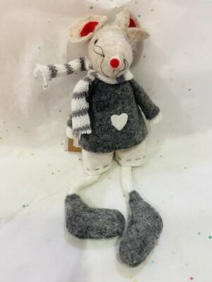 Grey Dangly Legs Mouse With White Heart Motif And Striped Scarf