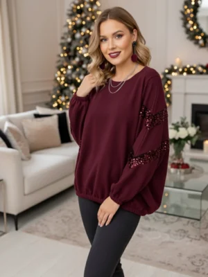 Wine Sequin Sleeve Detail Sweatshirt