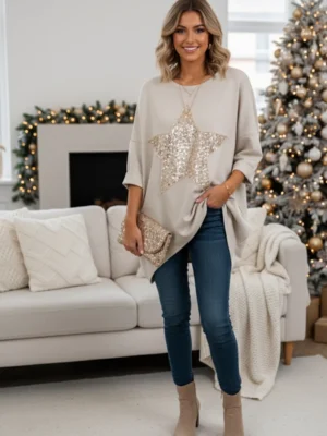 Beige Or Wine Large Sequin Zipped Star Oversized Sweatshirt
