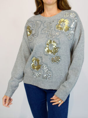 Sequin Floral Soft Knit Jumper In Ivory, Or Grey