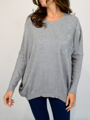 Grey Or Camel Lace Floral Embellished Long Line Oversized Jumper