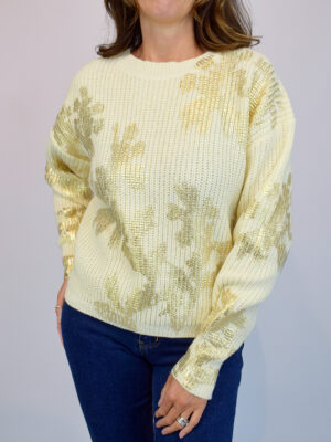 Stone, Camel, Or Cream Floral Foil Print Ribbed Jumper