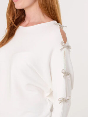 Ivory Silver Diamante Bow Cut Out Sleeve Detail Soft Knit Jumper