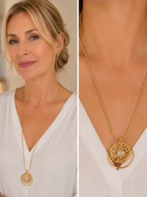 Gold Or Silver Filigree Circle Pendant With Diamante Centre Long Necklace